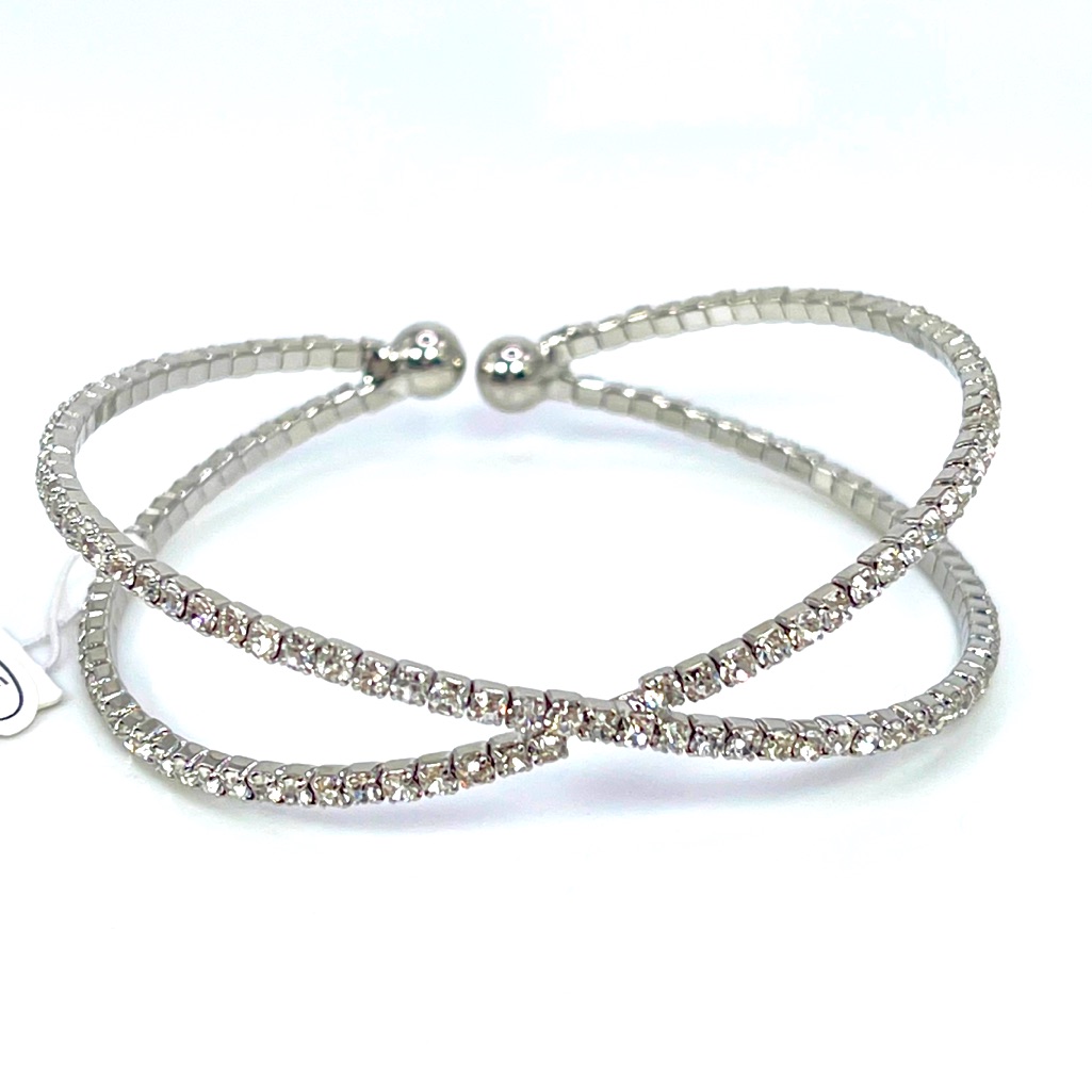 Silver Toned Criss Cross Simulated Crystal Open Bangle Bracelet 6$